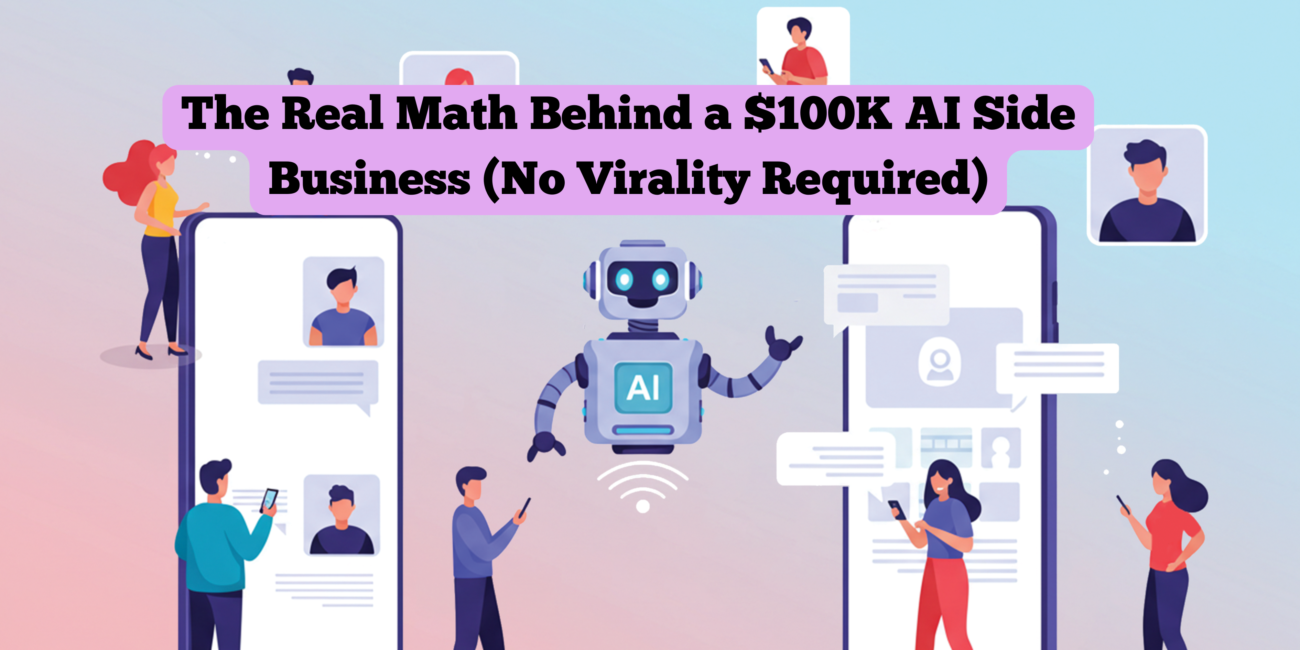 The real math behind a $100K AI side business shown through revenue spreadsheets, AI tools, and realistic income calculations